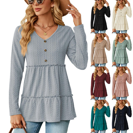 Women's Loose Long Sleeve Tunic Shirt V Neck Button Down Ruffle Hem Tops Blouse