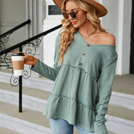 Women's Loose Long Sleeve Tunic Shirt V Neck Button Down Ruffle Hem Tops Blouse