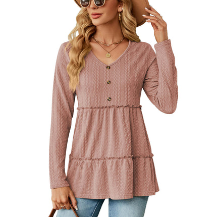 Women's Loose Long Sleeve Tunic Shirt V Neck Button Down Ruffle Hem Tops Blouse