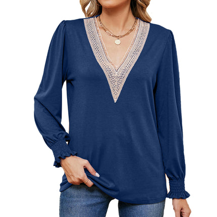 Women's Casual Lace V Neck T-Shirts Loose Long Sleeve Tops Tunic Blouses