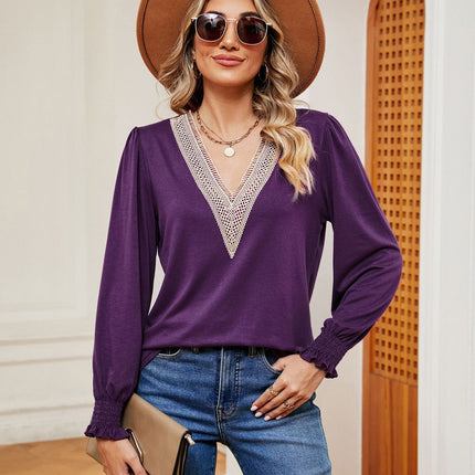 Women's Casual Lace V Neck T-Shirts Loose Long Sleeve Tops Tunic Blouses