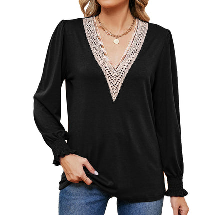 Women's Casual Lace V Neck T-Shirts Loose Long Sleeve Tops Tunic Blouses