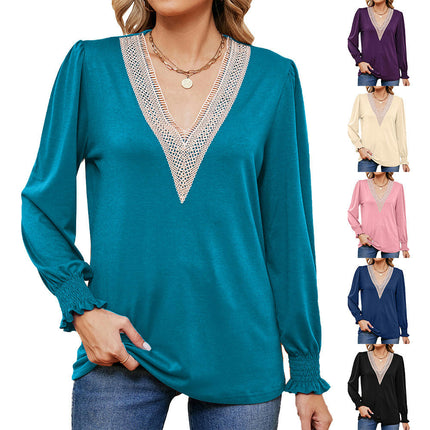 Women's Casual Lace V Neck T-Shirts Loose Long Sleeve Tops Tunic Blouses