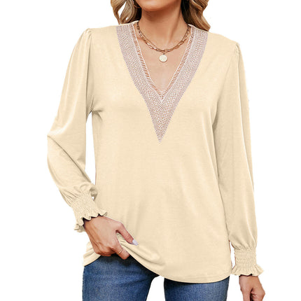 Women's Casual Lace V Neck T-Shirts Loose Long Sleeve Tops Tunic Blouses