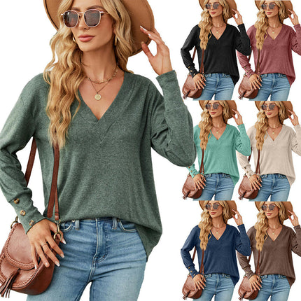 Women's Casual V Neck T-Shirts Long Sleeve Tops Loose Tunic Blouses