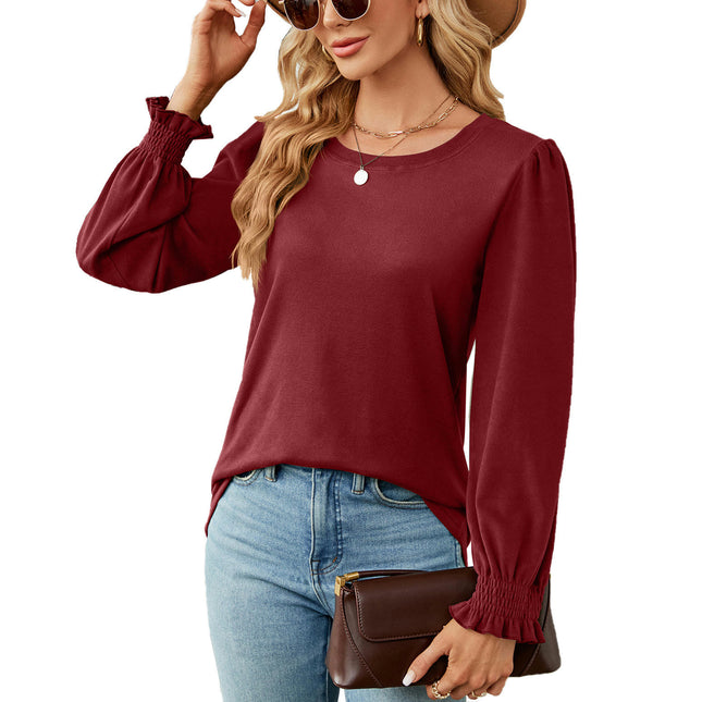 Women's Casual Crew Neck T-Shirts Puff Long Sleeve Tops Loose Tunic Blouses