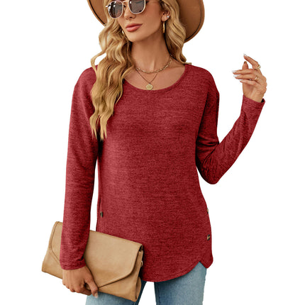 Women's Casual Long Sleeve Tunic Shirts Round Neck Button Blouses Tops