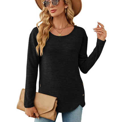 Women's Casual Long Sleeve Tunic Shirts Round Neck Button Blouses Tops