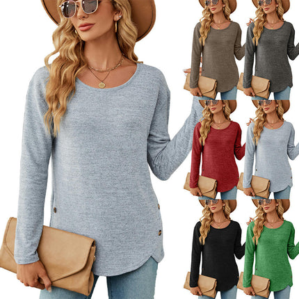 Women's Casual Long Sleeve Tunic Shirts Round Neck Button Blouses Tops