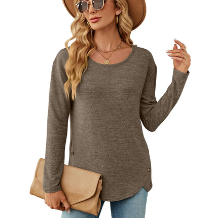 Women's Casual Long Sleeve Tunic Shirts Round Neck Button Blouses Tops