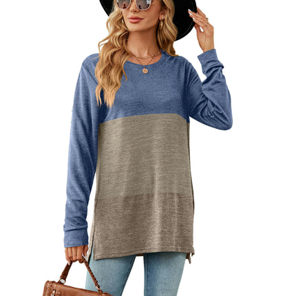 Women's Color Block Round Neck Tunic Tops Casual Long Sleeve Shirt Blouse