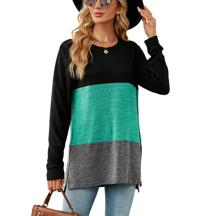 Women's Color Block Round Neck Tunic Tops Casual Long Sleeve Shirt Blouse