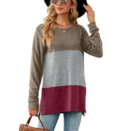 Women's Color Block Round Neck Tunic Tops Casual Long Sleeve Shirt Blouse