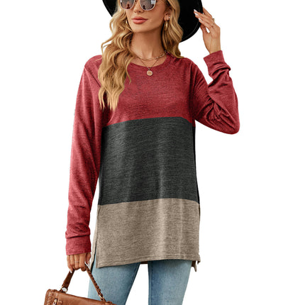 Women's Color Block Round Neck Tunic Tops Casual Long Sleeve Shirt Blouse