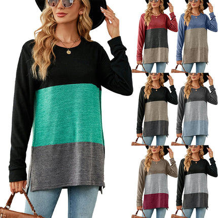 Women's Color Block Round Neck Tunic Tops Casual Long Sleeve Shirt Blouse