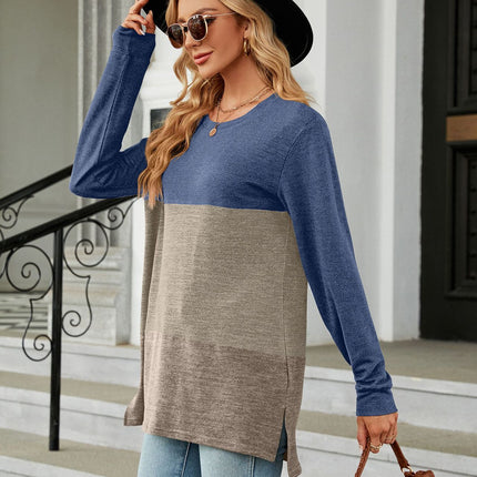 Women's Color Block Round Neck Tunic Tops Casual Long Sleeve Shirt Blouse