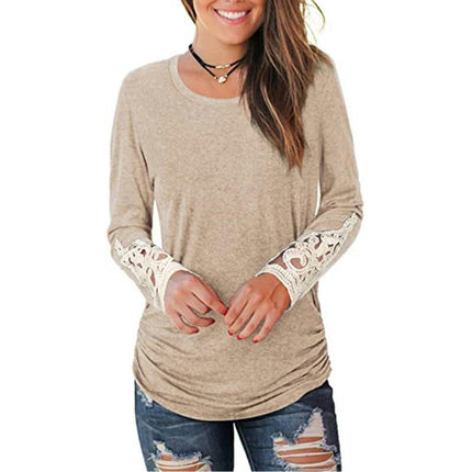 Women's Casual V Neck T-Shirts Lace Long Sleeve Tops Loose Tunic Blouses