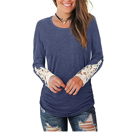 Women's Casual V Neck T-Shirts Lace Long Sleeve Tops Loose Tunic Blouses