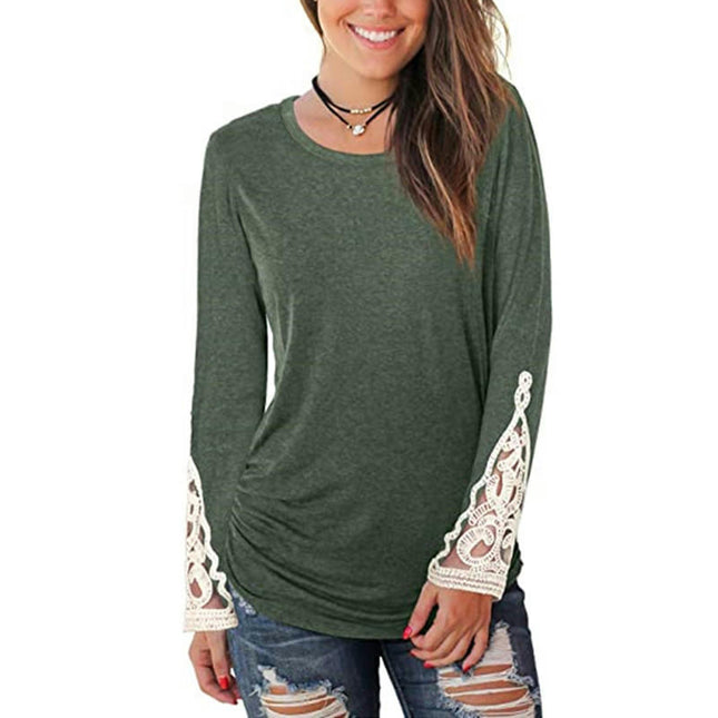 Women's Casual V Neck T-Shirts Lace Long Sleeve Tops Loose Tunic Blouses