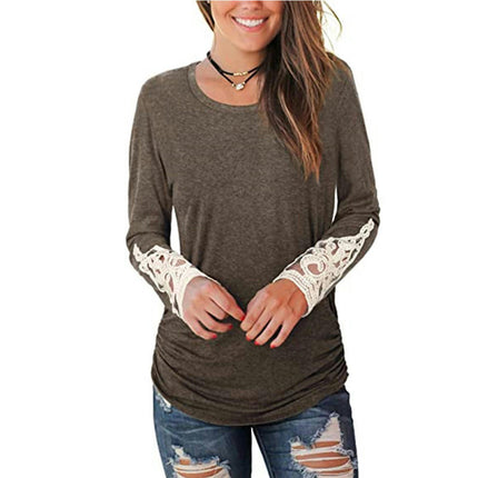 Women's Casual V Neck T-Shirts Lace Long Sleeve Tops Loose Tunic Blouses