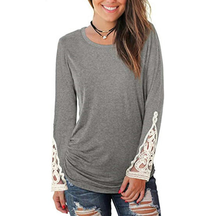 Women's Casual V Neck T-Shirts Lace Long Sleeve Tops Loose Tunic Blouses