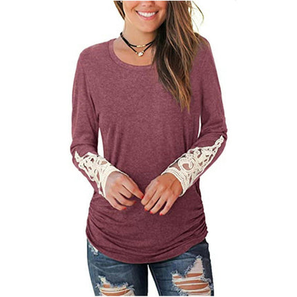 Women's Casual V Neck T-Shirts Lace Long Sleeve Tops Loose Tunic Blouses