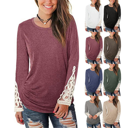 Women's Casual V Neck T-Shirts Lace Long Sleeve Tops Loose Tunic Blouses