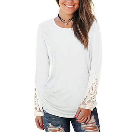 Women's Casual V Neck T-Shirts Lace Long Sleeve Tops Loose Tunic Blouses