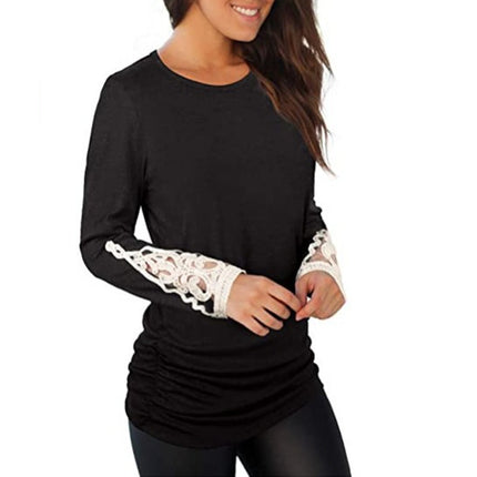 Women's Casual V Neck T-Shirts Lace Long Sleeve Tops Loose Tunic Blouses