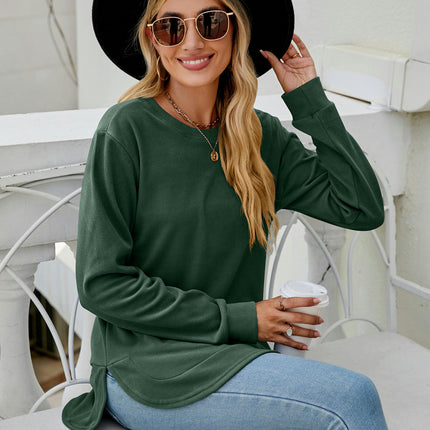 Women's Casual Long Sleeve T Shirt Round Neck Side Split Loose Tunic Tops