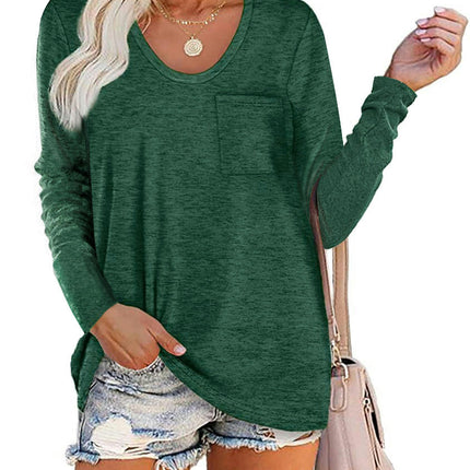 Women's Casual Long Sleeve T Shirt Round Neck Loose Tunic Tops with Pocket