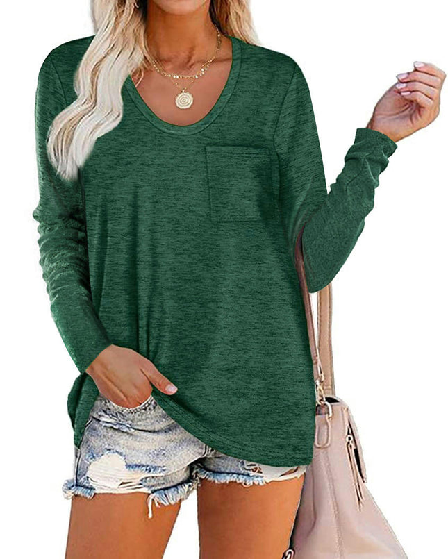 Women's Casual Long Sleeve T Shirt Round Neck Loose Tunic Tops with Pocket