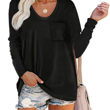 Women's Casual Long Sleeve T Shirt Round Neck Loose Tunic Tops with Pocket