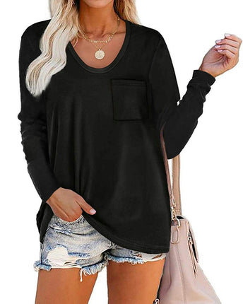 Women's Casual Long Sleeve T Shirt Round Neck Loose Tunic Tops with Pocket