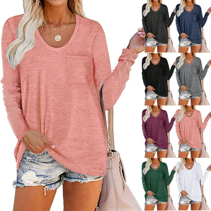 Women's Casual Long Sleeve T Shirt Round Neck Loose Tunic Tops with Pocket