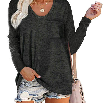 Women's Casual Long Sleeve T Shirt Round Neck Loose Tunic Tops with Pocket