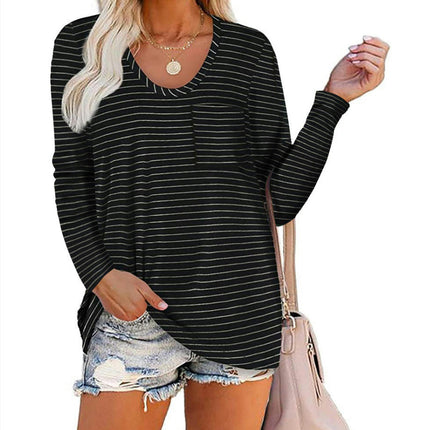 Women's Casual Long Sleeve T Shirt Round Neck Loose Tunic Tops with Pocket