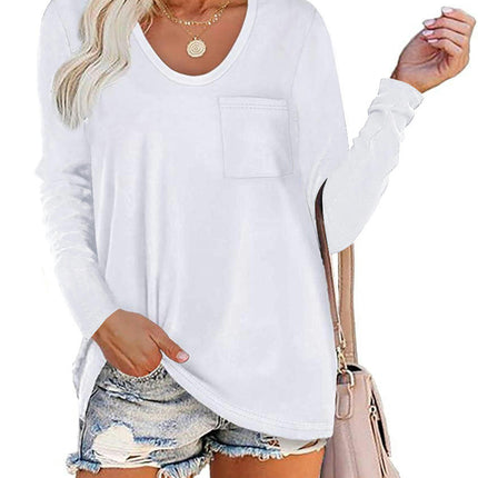 Women's Casual Long Sleeve T Shirt Round Neck Loose Tunic Tops with Pocket