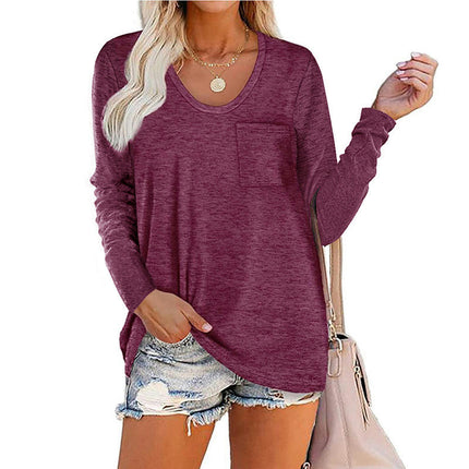 Women's Casual Long Sleeve T Shirt Round Neck Loose Tunic Tops with Pocket