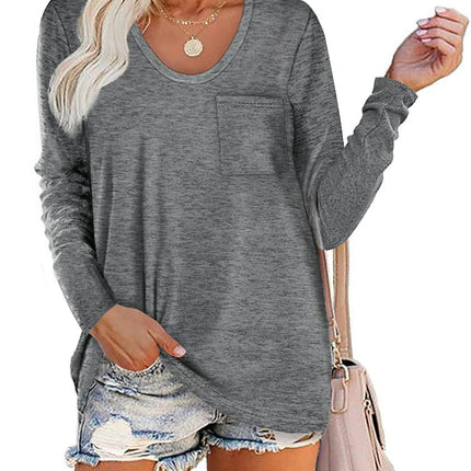 Women's Casual Long Sleeve T Shirt Round Neck Loose Tunic Tops with Pocket