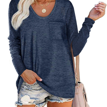 Women's Casual Long Sleeve T Shirt Round Neck Loose Tunic Tops with Pocket