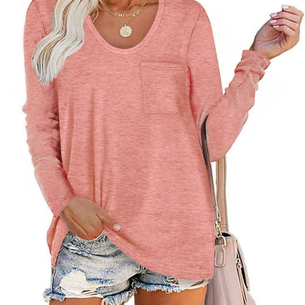 Women's Casual Long Sleeve T Shirt Round Neck Loose Tunic Tops with Pocket