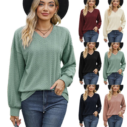 Women Summer Tops V-Neck T-Shirts Casual Puff Long-Sleeve Tunic Blouse