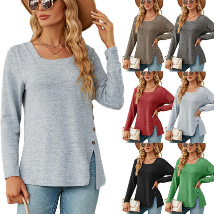 Women's Side Split Tops Long Sleeve Square Neck Tunic Tops