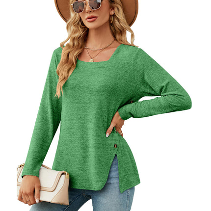 Women's Side Split Tops Long Sleeve Square Neck Tunic Tops