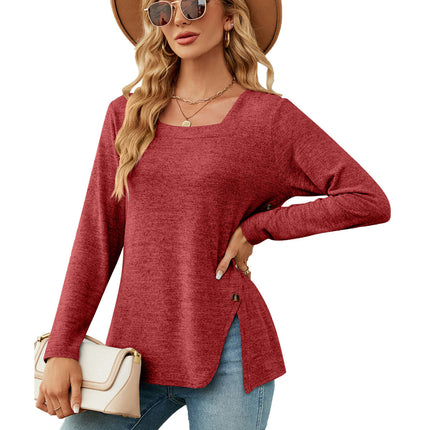 Women's Side Split Tops Long Sleeve Square Neck Tunic Tops