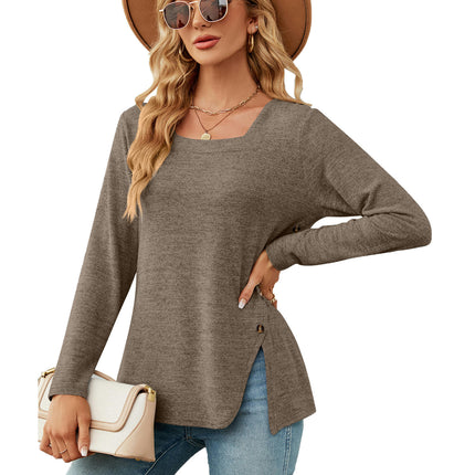 Women's Side Split Tops Long Sleeve Square Neck Tunic Tops