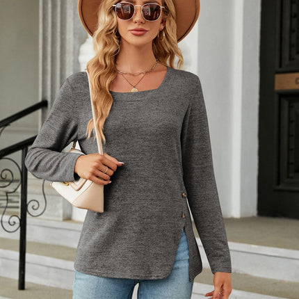 Women's Side Split Tops Long Sleeve Square Neck Tunic Tops