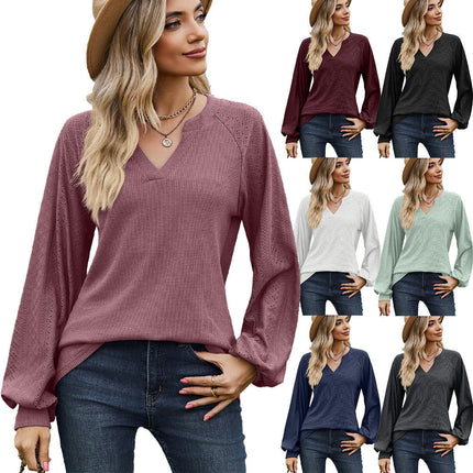 Women's V Neck Tunic Blouses Puff Long Sleeve Fall Tops T-Shirts