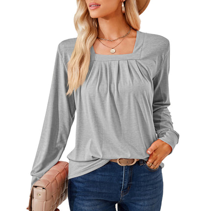 Women's Long Sleeve Tops Square Neck Tunic Tops Pleated Shirts